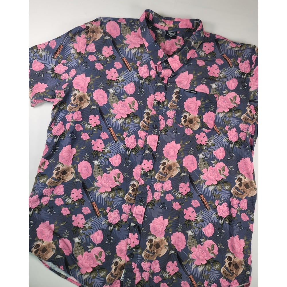 Grunt Style 2XL Skull‎ Rose Grenade Hawaiian Camp Shirt Rayon Button Up
